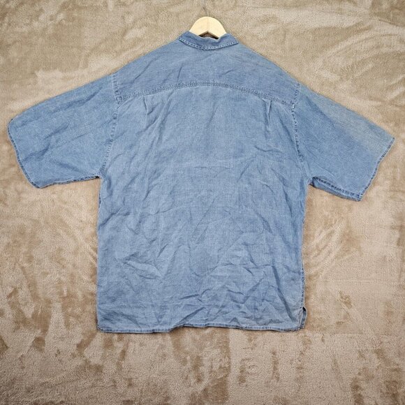 Tommy Bahama Denim Shirt 100% Linen Buttons Blue Short Sleeve Men's Sz XLT Tall - Picture 2 of 10